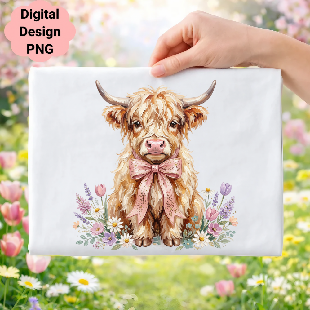Highland cow with pink bow, surrounded by wildflowers.
