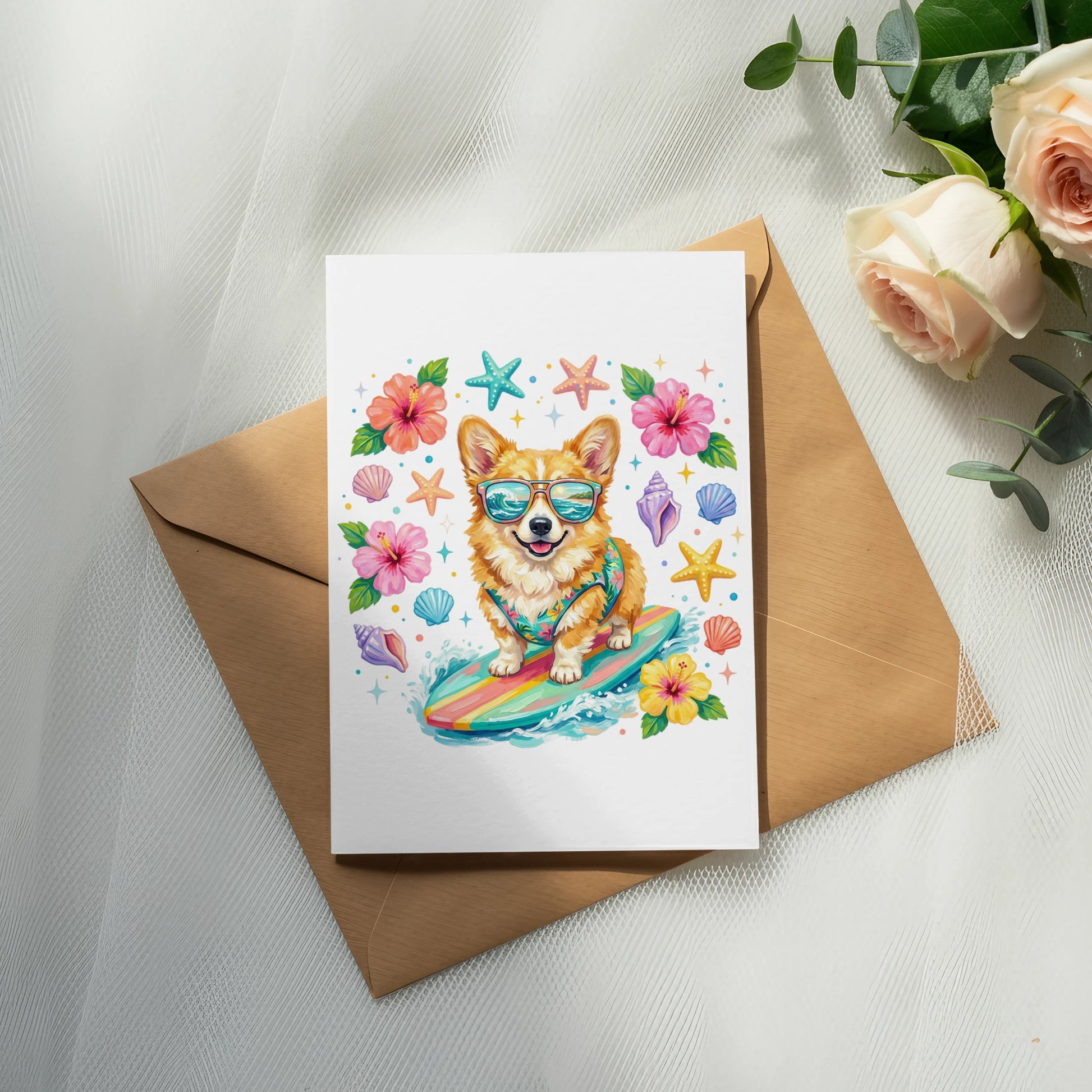 Corgi wearing sunglasses on a surfboard with seashells and flowers.