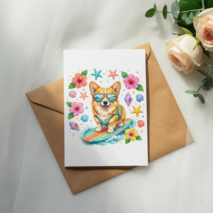 Corgi wearing sunglasses on a surfboard with seashells and flowers.