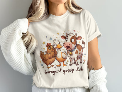 Barnyard gossip club with a cow, chicken, and duck surrounded by flowers.