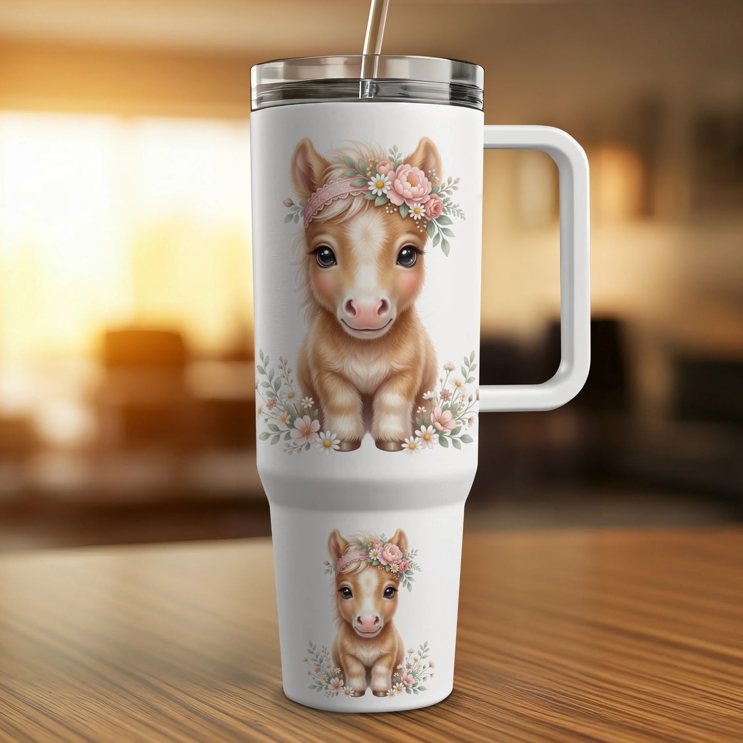 White tumbler with floral horse graphic and straw.