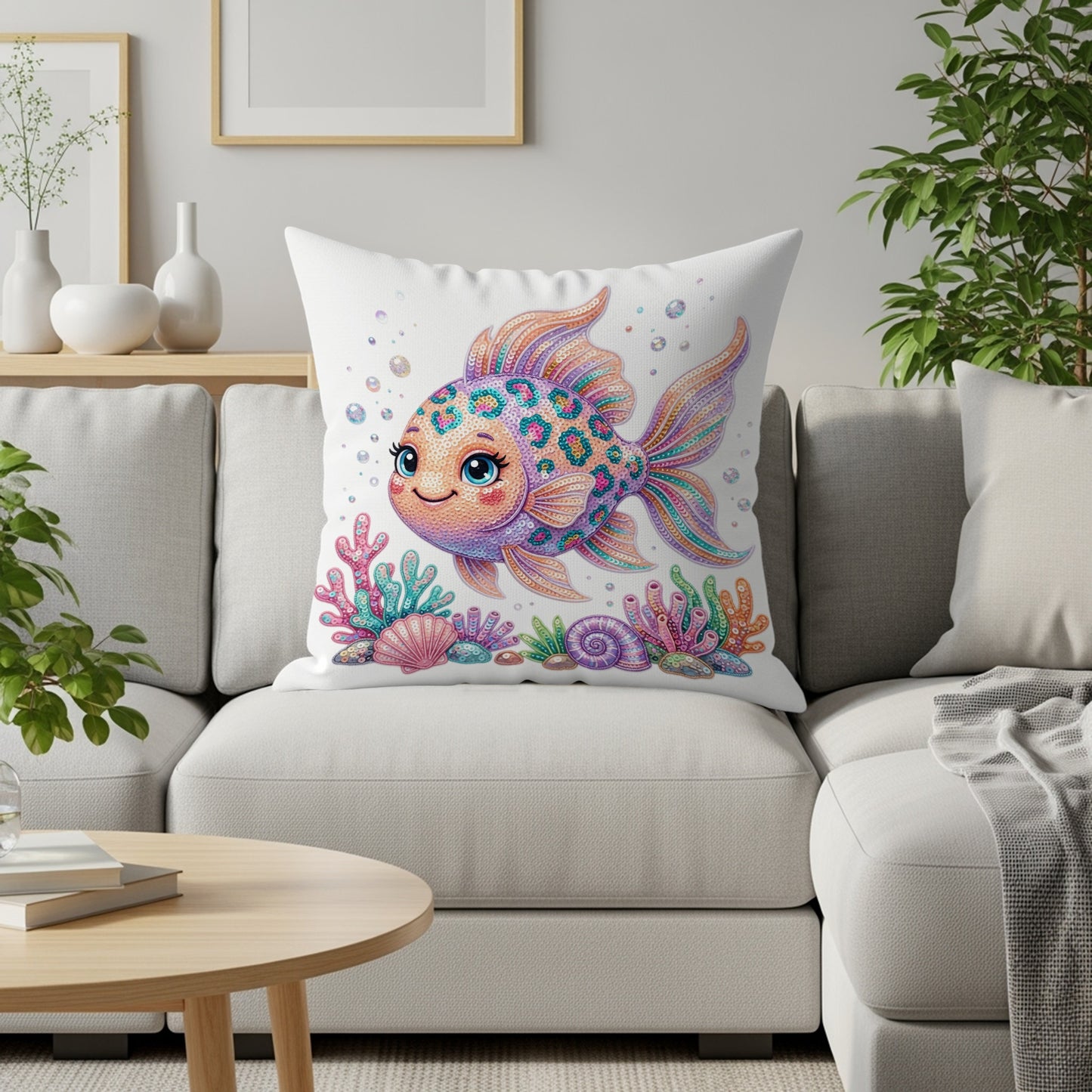 Cartoon fish with colorful scales on a pillow with seashells and coral.