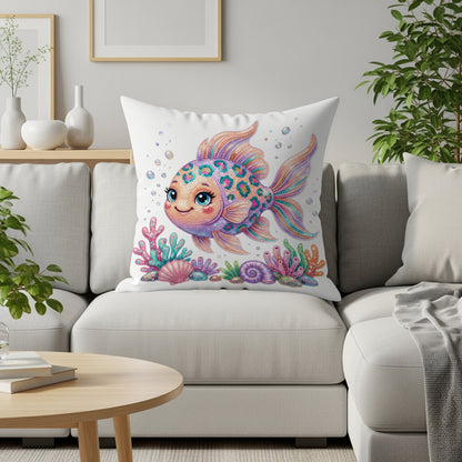 Cartoon fish with colorful scales on a pillow with seashells and coral.