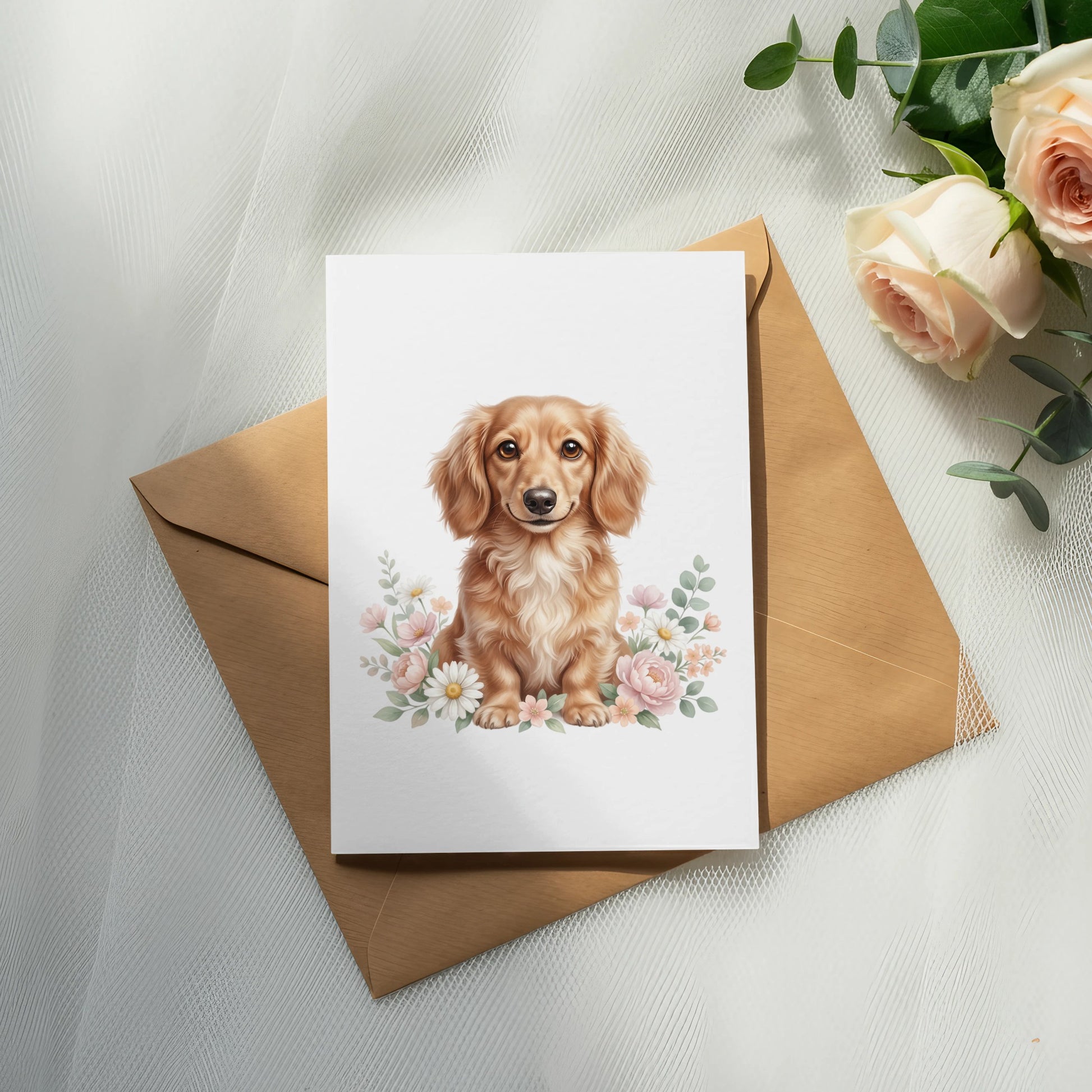 Dachshund puppy surrounded by flowers on a greeting card.