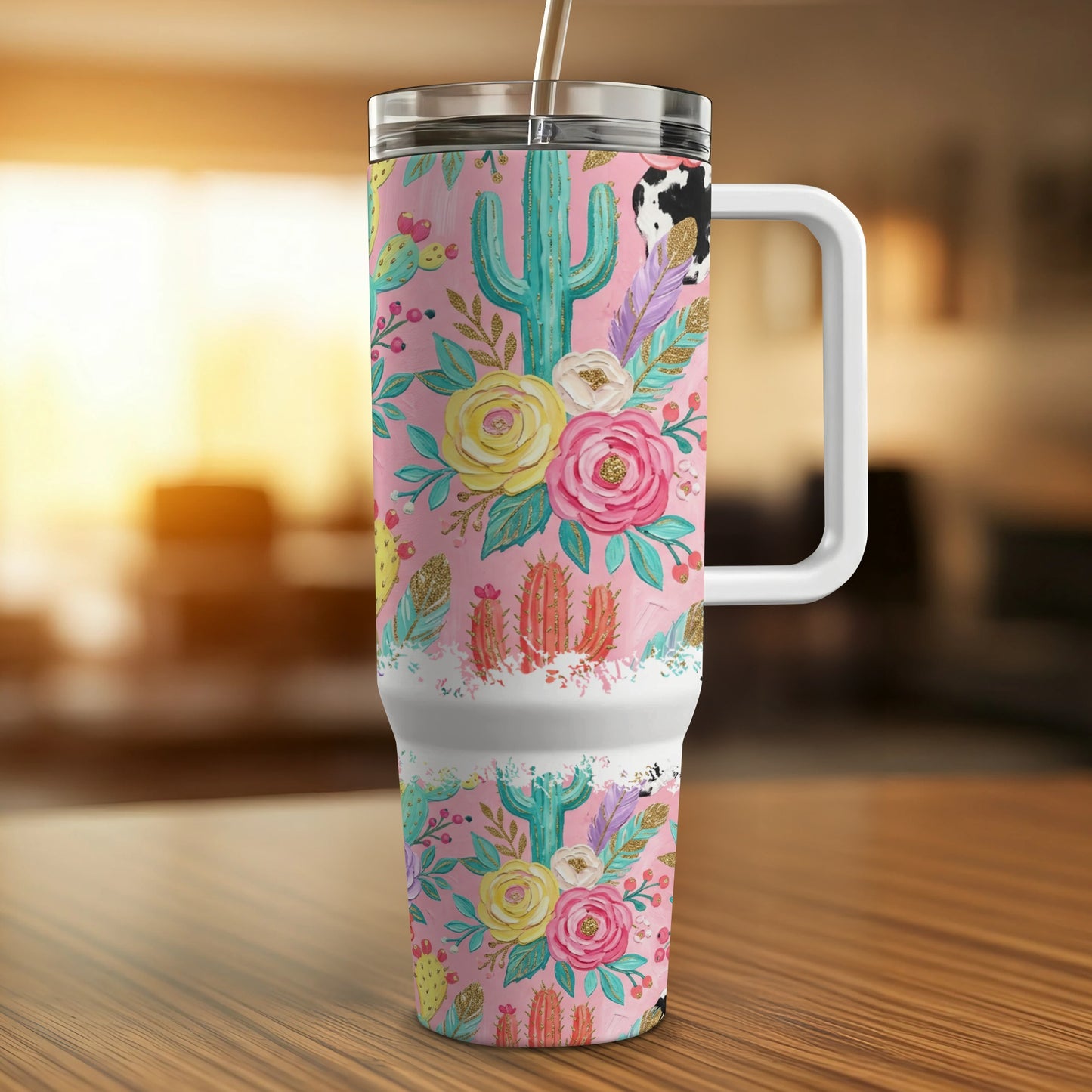 Pink tumbler with cactus, floral, and cow print design.