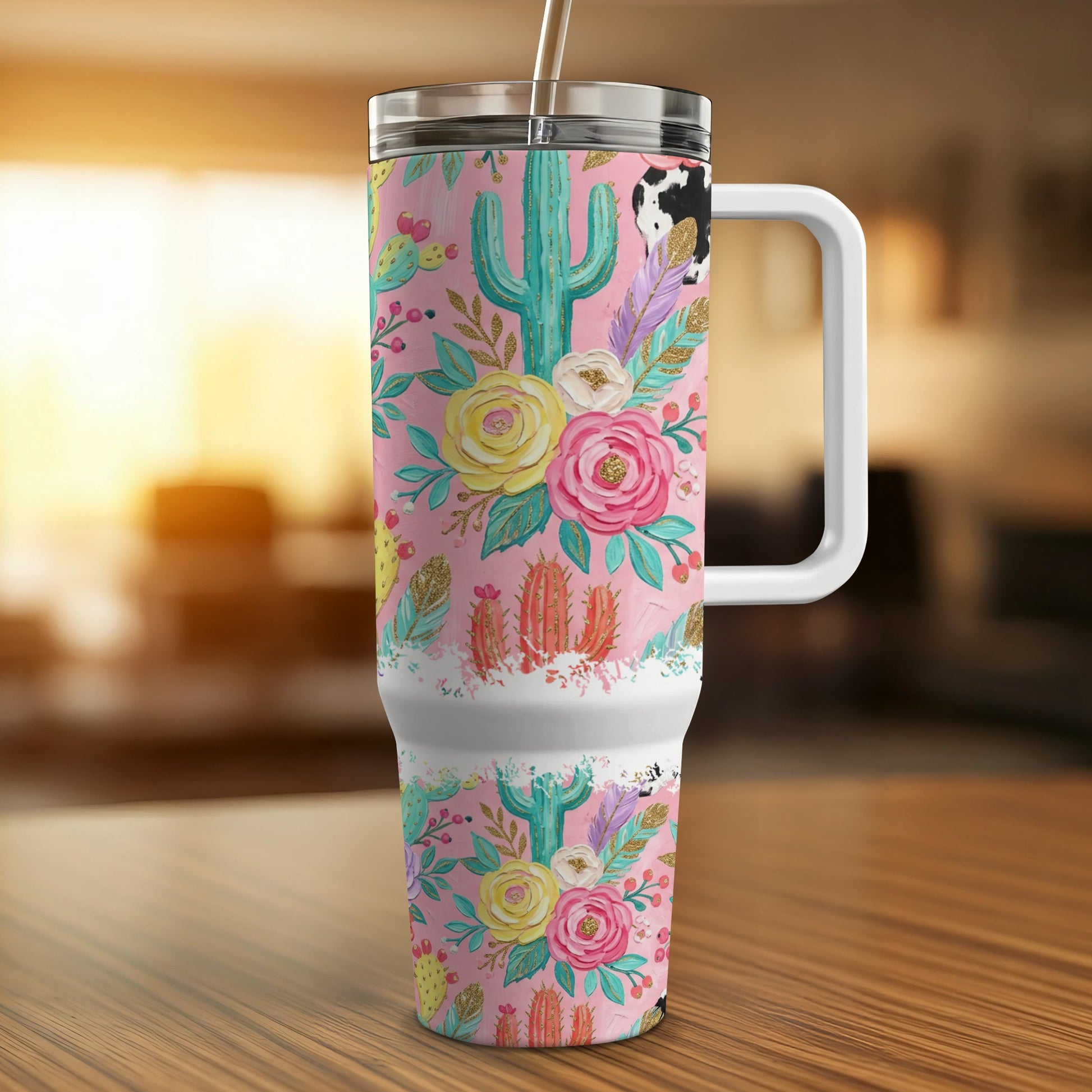 Pink tumbler with cactus, floral, and cow print design.