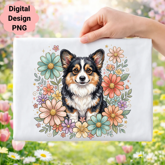 Pembroke Welsh Corgi surrounded by colorful flowers, digital design PNG.