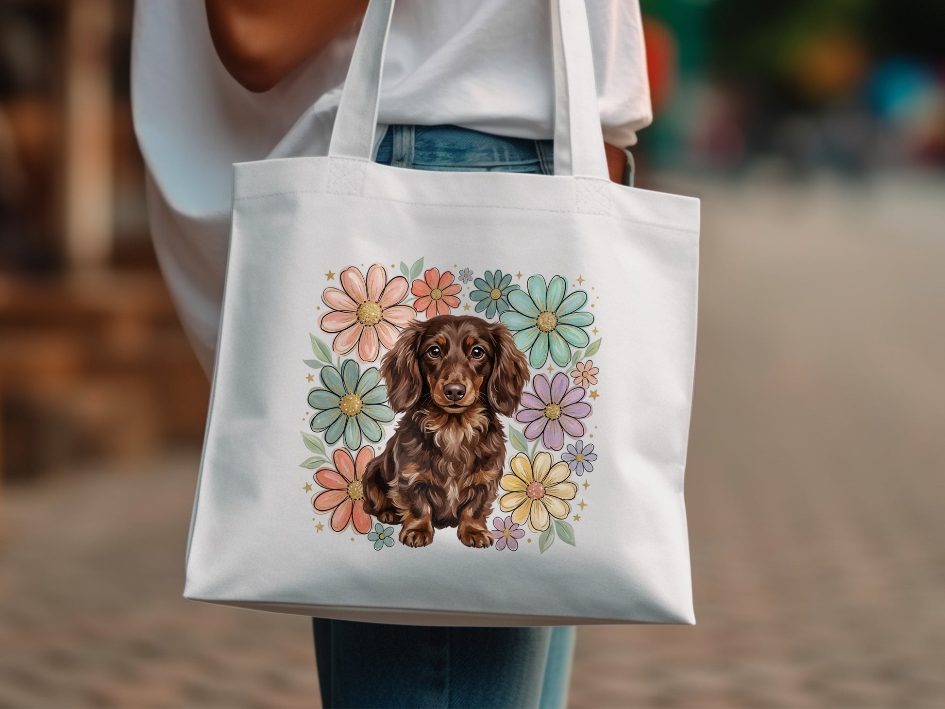 White tote bag with dachshund and colorful floral illustration.