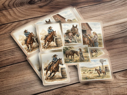 Set of postage stamps featuring horseback riding and ranch scenes.