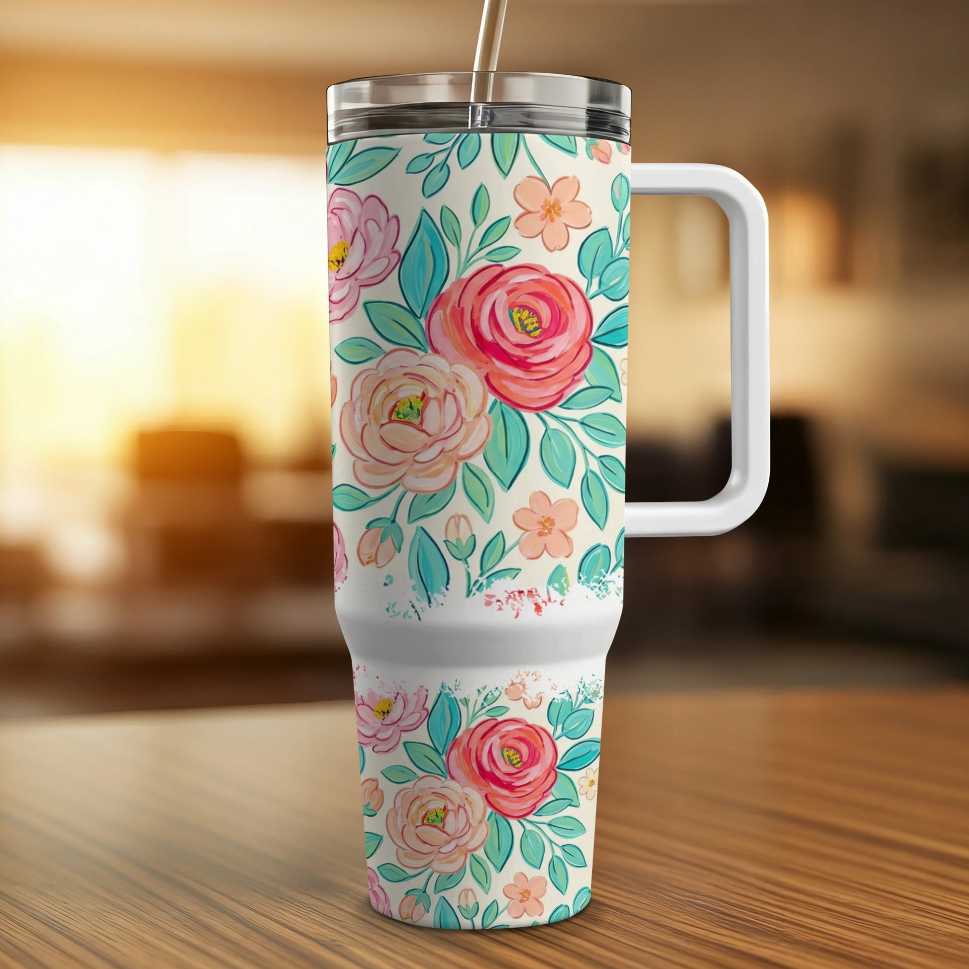 Floral print insulated tumbler with straw and handle.