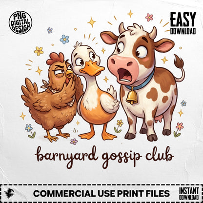 Cartoon cow, chicken, and duck with "Barnyard Gossip Club" text.