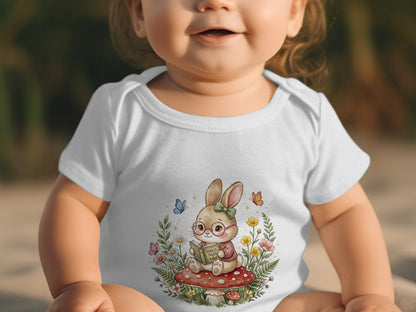 Baby wearing white onesie with a bunny reading a book illustration.