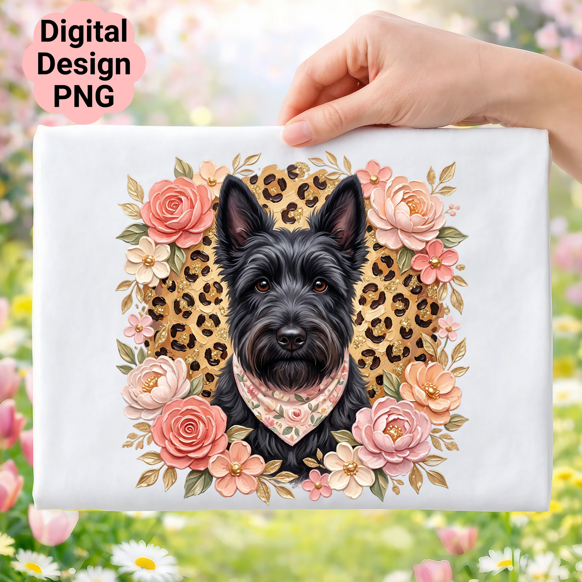 Scottish terrier with floral border and leopard print background.