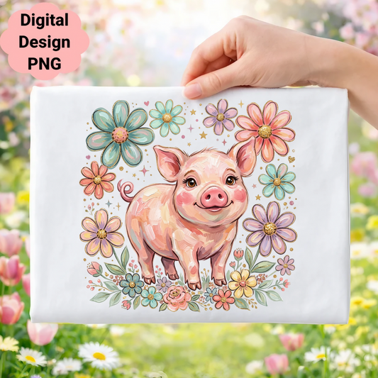 Pink pig surrounded by pastel flowers and a "Digital Design PNG" watermark.