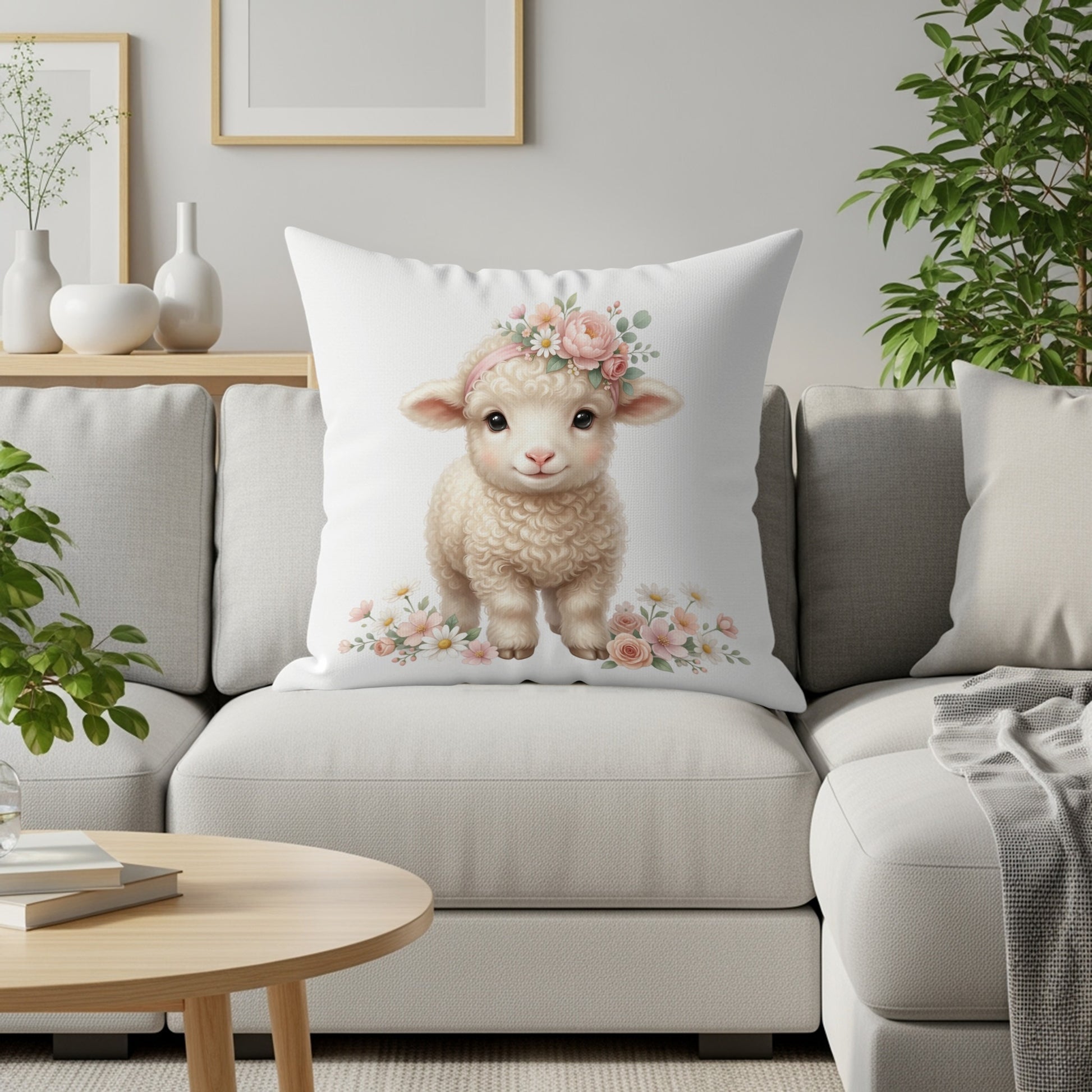 A fluffy lamb wearing a flower crown sits on a white pillow.