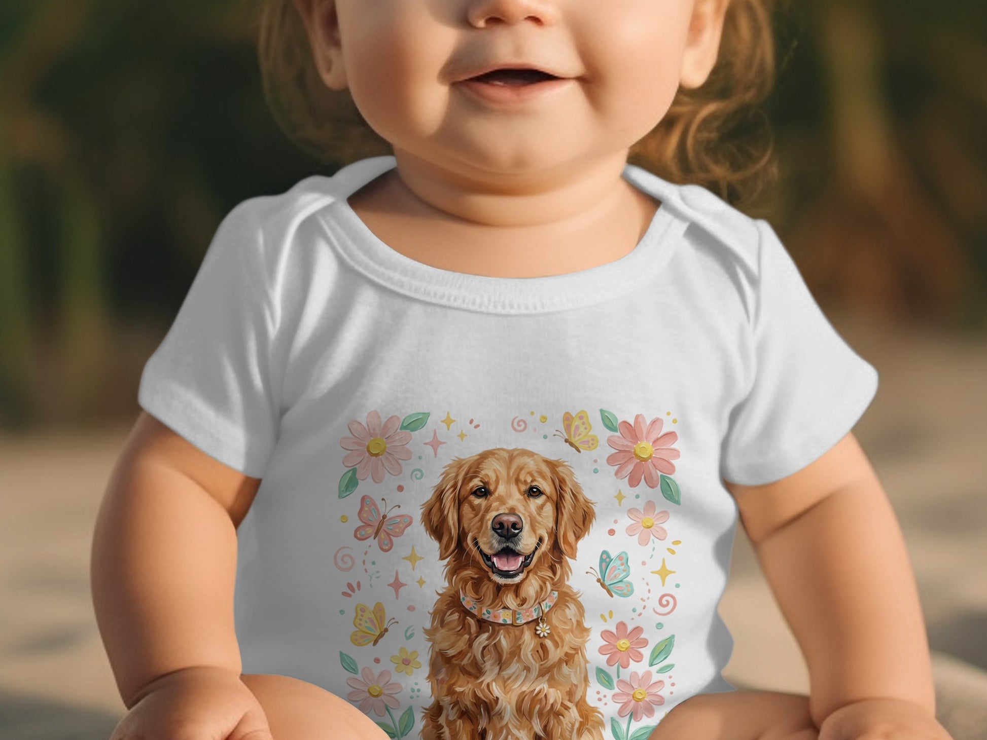 Baby wearing white bodysuit with a golden retriever and floral print.
