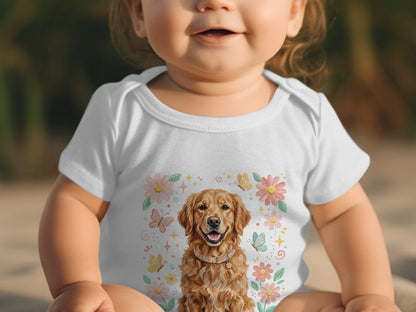 Baby wearing white bodysuit with a golden retriever and floral print.