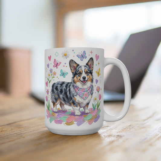 Corgi with bandana standing on floral background, watercolor style.
