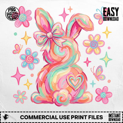 Colorful painted bunny with flowers, butterflies, and stars, "Easy Download" text.
