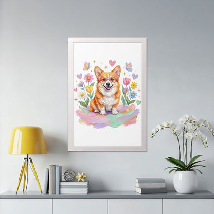 Corgi with butterfly glasses sits on colorful paint strokes surrounded by flowers.