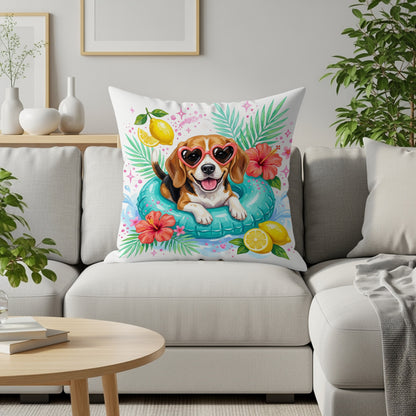 Beagle wearing heart sunglasses in a pool float with lemons and hibiscus.