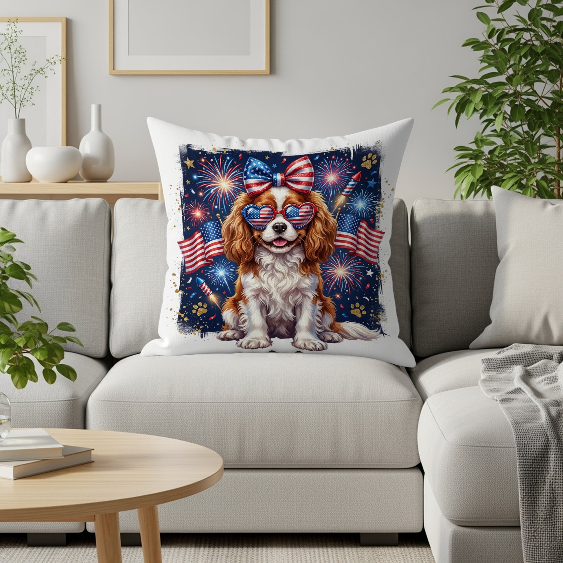 Cavalier King Charles Spaniel wearing patriotic sunglasses on a couch.