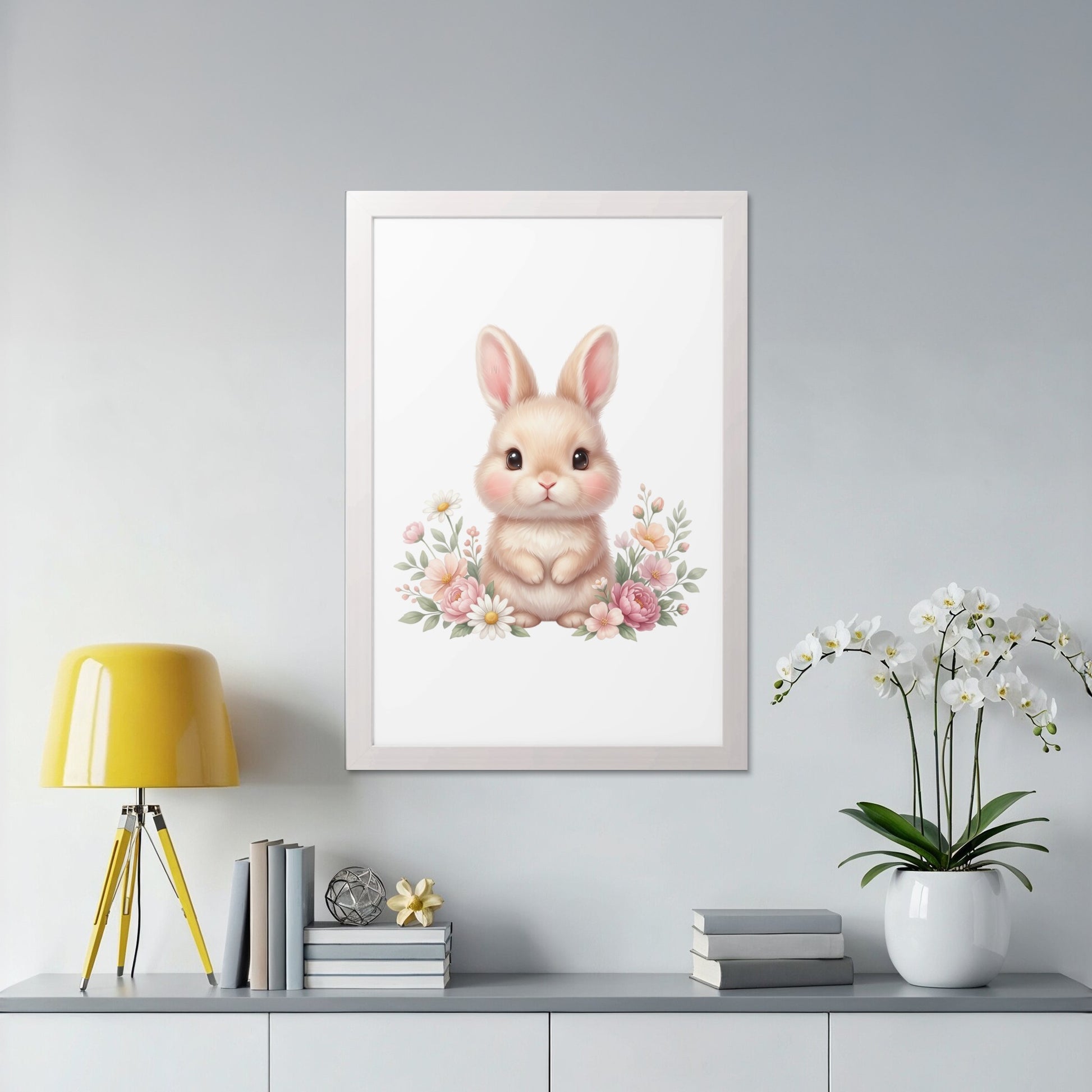 Framed illustration of a cute bunny surrounded by pink flowers.