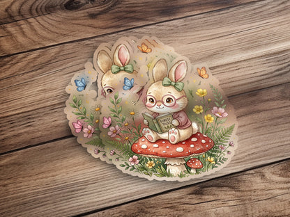 Two bunnies sitting on a mushroom, reading a book with butterflies and flowers.