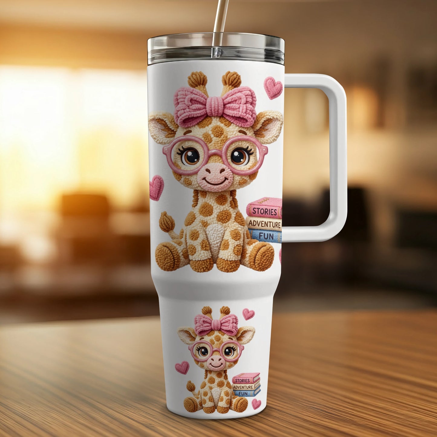 Tumbler with cartoon giraffe wearing glasses and a pink bow, holding books.