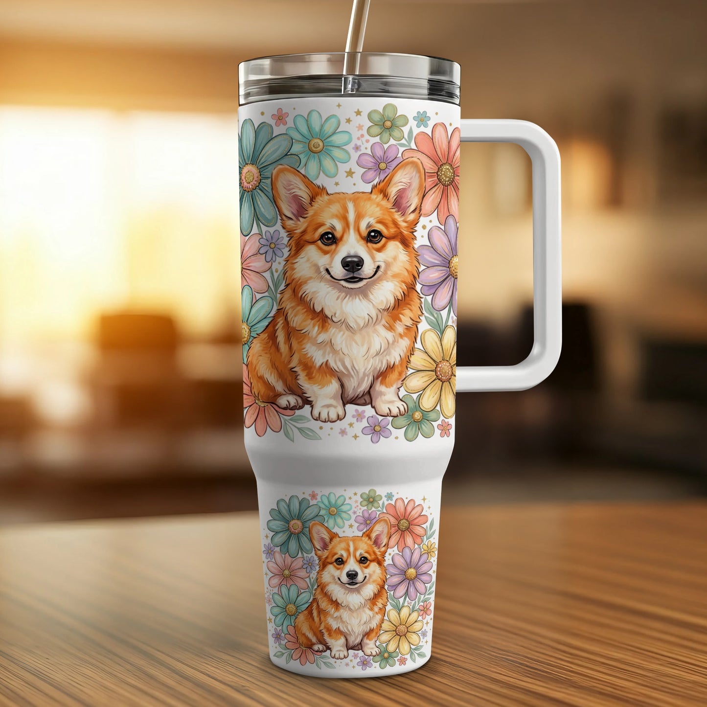 Corgi on floral patterned tumbler with handle and straw.