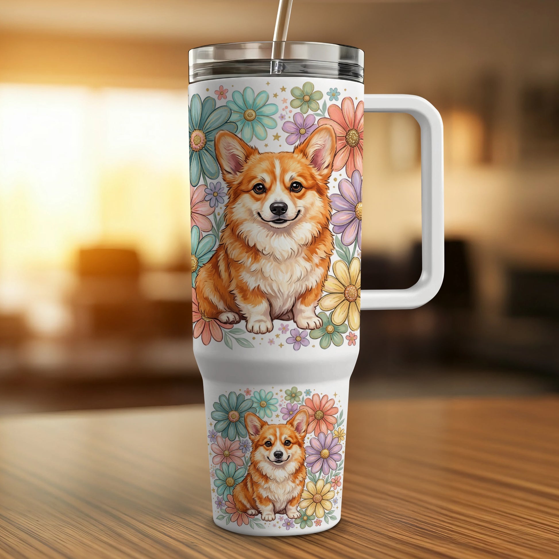 Corgi on floral patterned tumbler with handle and straw.