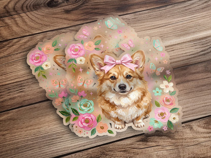 Corgi with pink bow and floral accents, surrounded by butterflies and flowers.