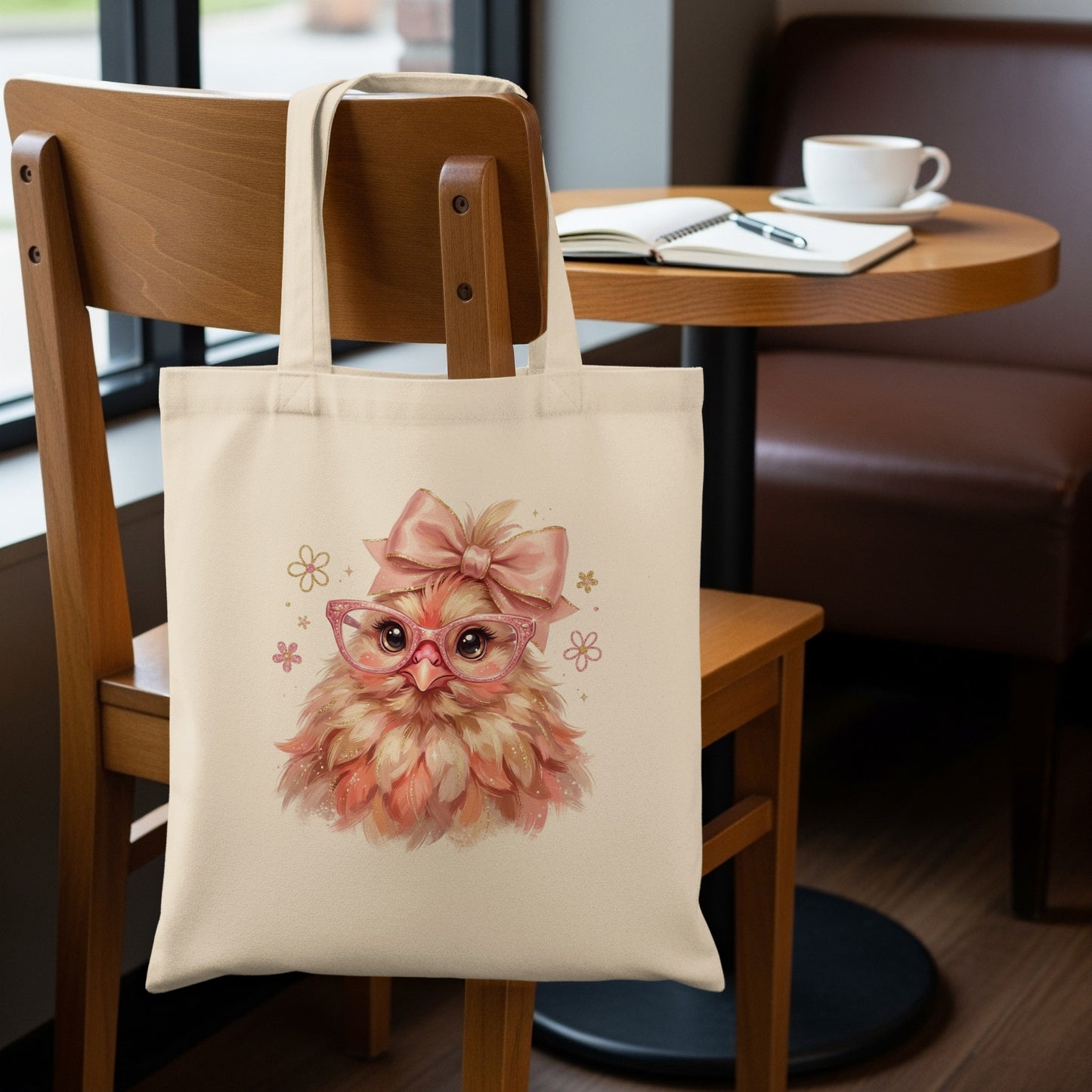 Canvas tote bag featuring a fluffy chick with pink glasses and a bow.