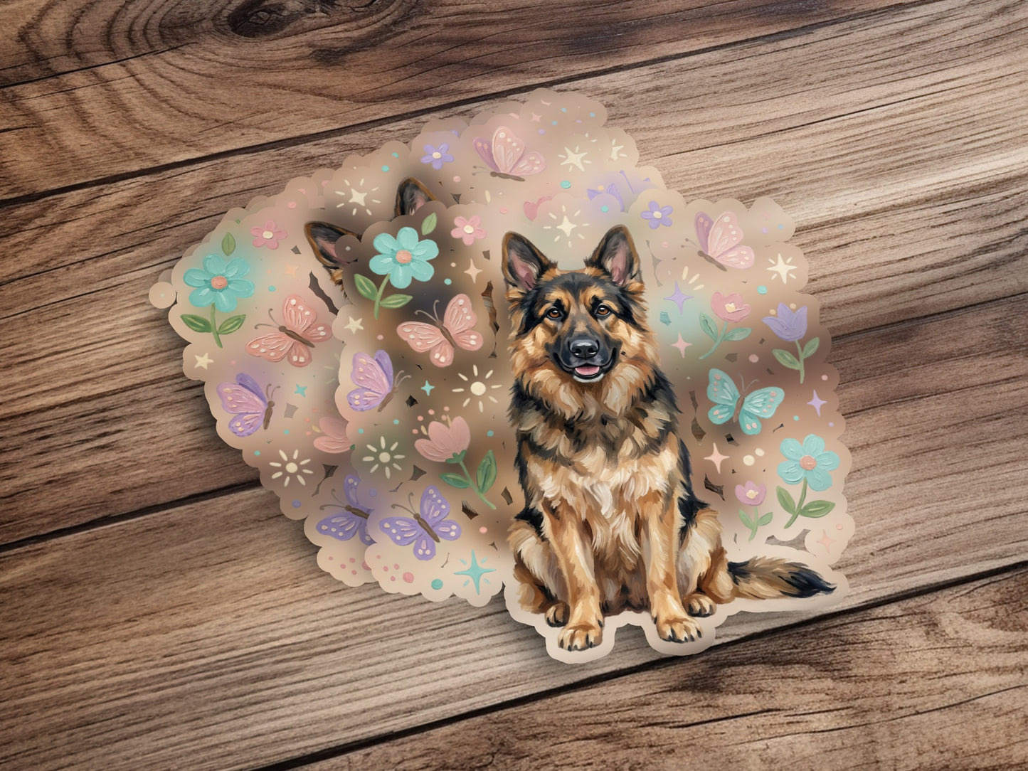 German Shepherd dog sitting on wooden background with pastel butterflies and flowers.