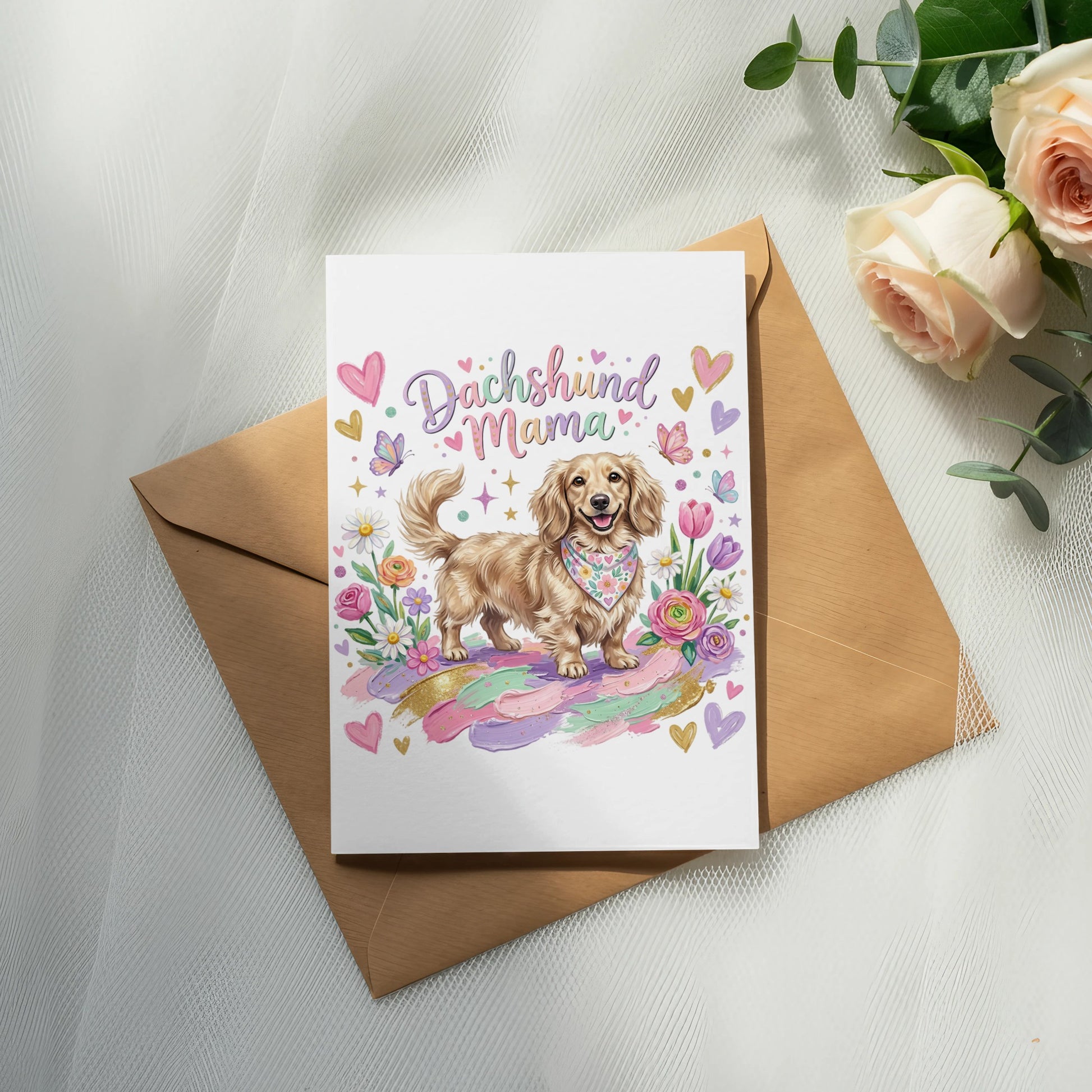 Dachshund Mama card with colorful floral border and butterflies.