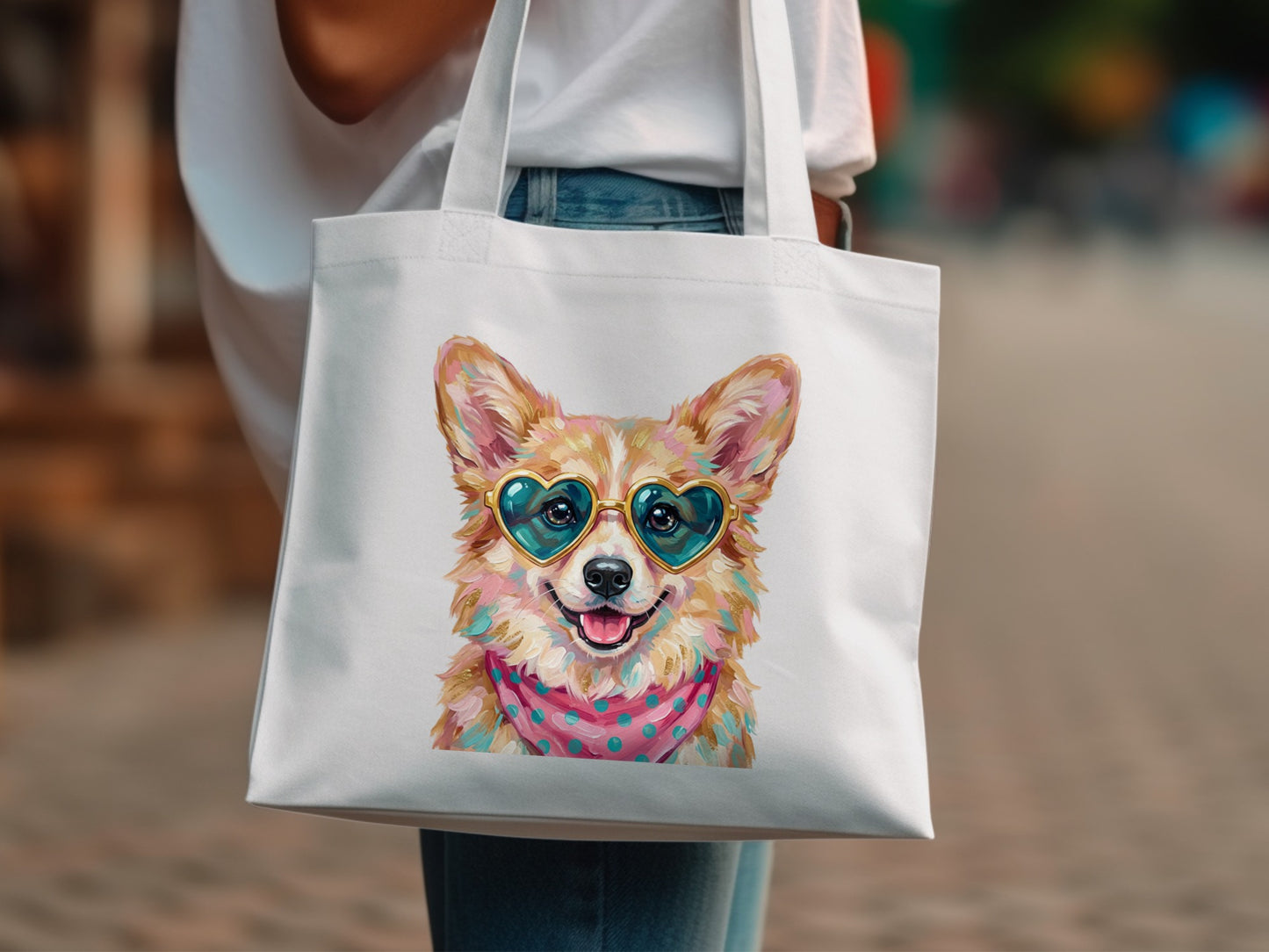 White tote bag with a corgi wearing heart-shaped sunglasses and a bandana.