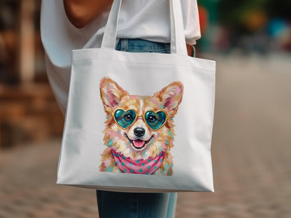 White tote bag with a corgi wearing heart-shaped sunglasses and a bandana.