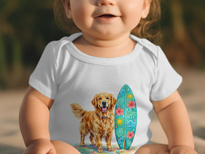 Baby in white onesie with a golden retriever and surfboard graphic.