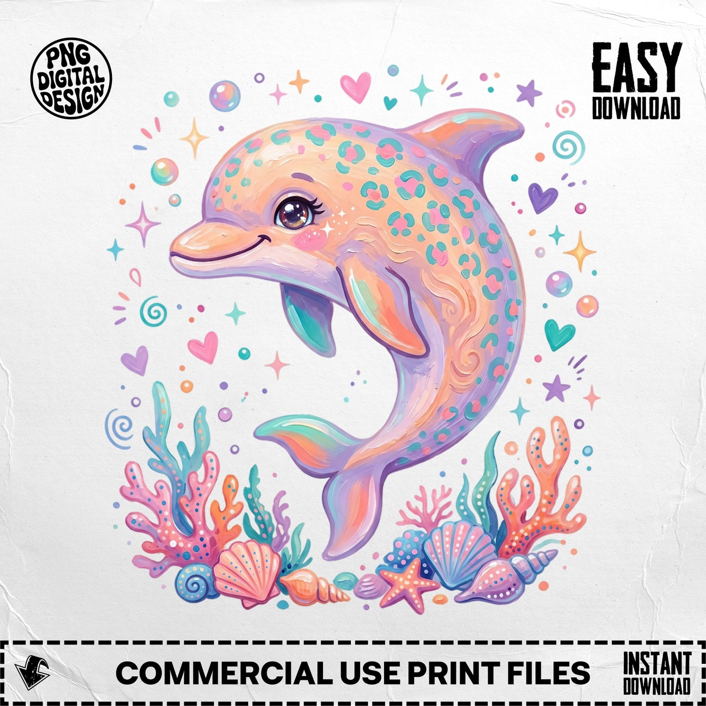 Whimsical dolphin with pastel spots surrounded by colorful sea life.