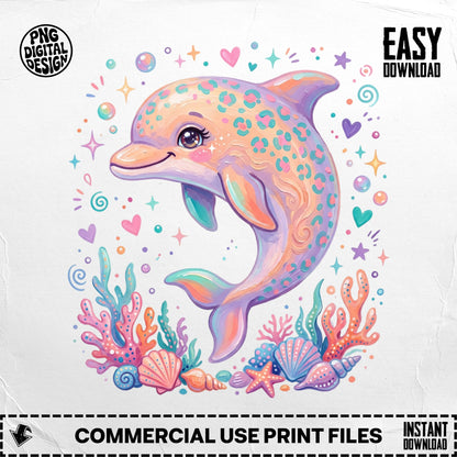 Whimsical dolphin with pastel spots surrounded by colorful sea life.