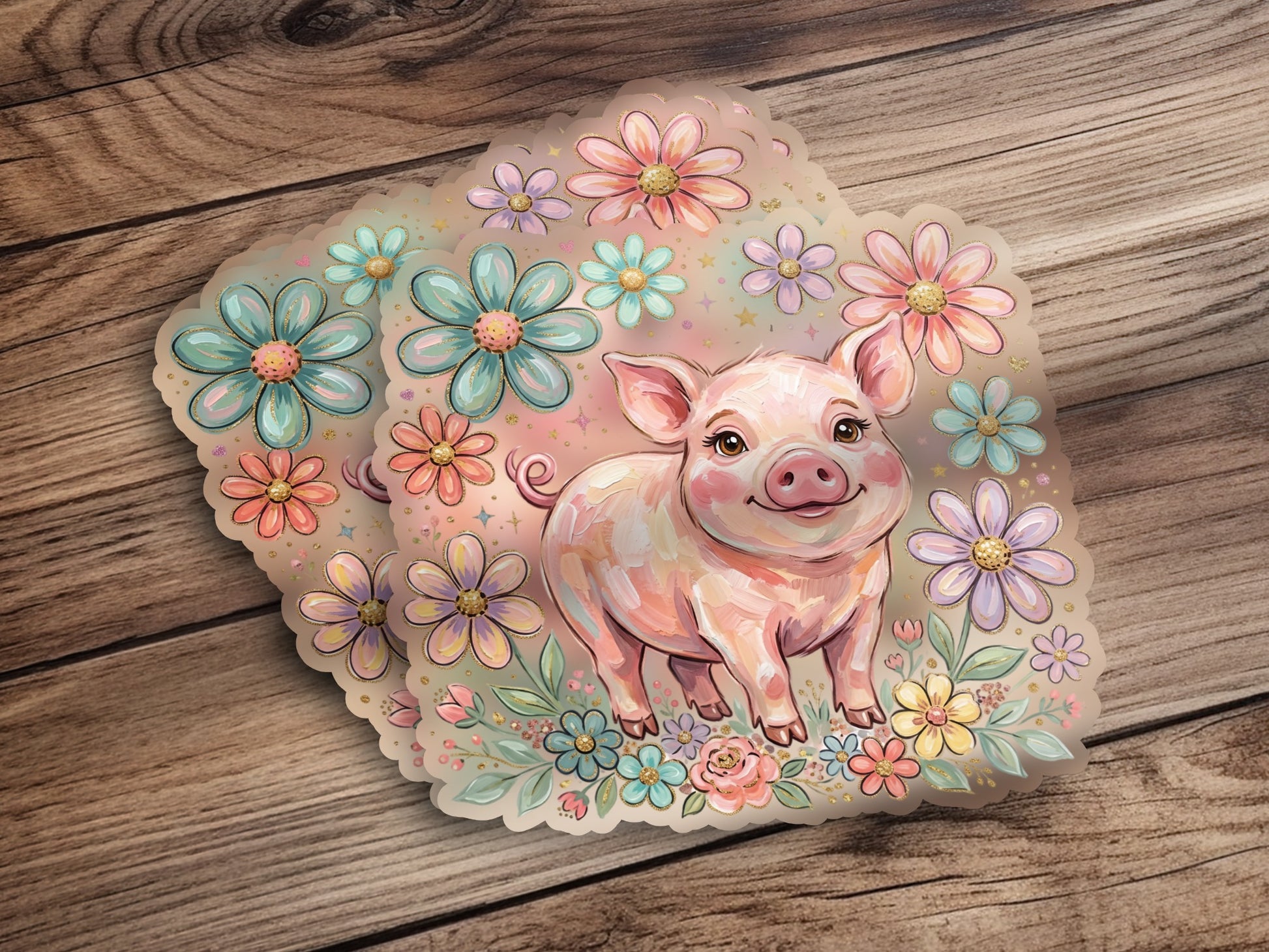 Cute piglet surrounded by pastel flowers on a wooden background.