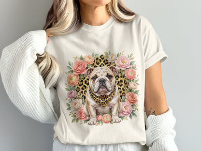 Bulldog in floral wreath wearing leopard print bandana.