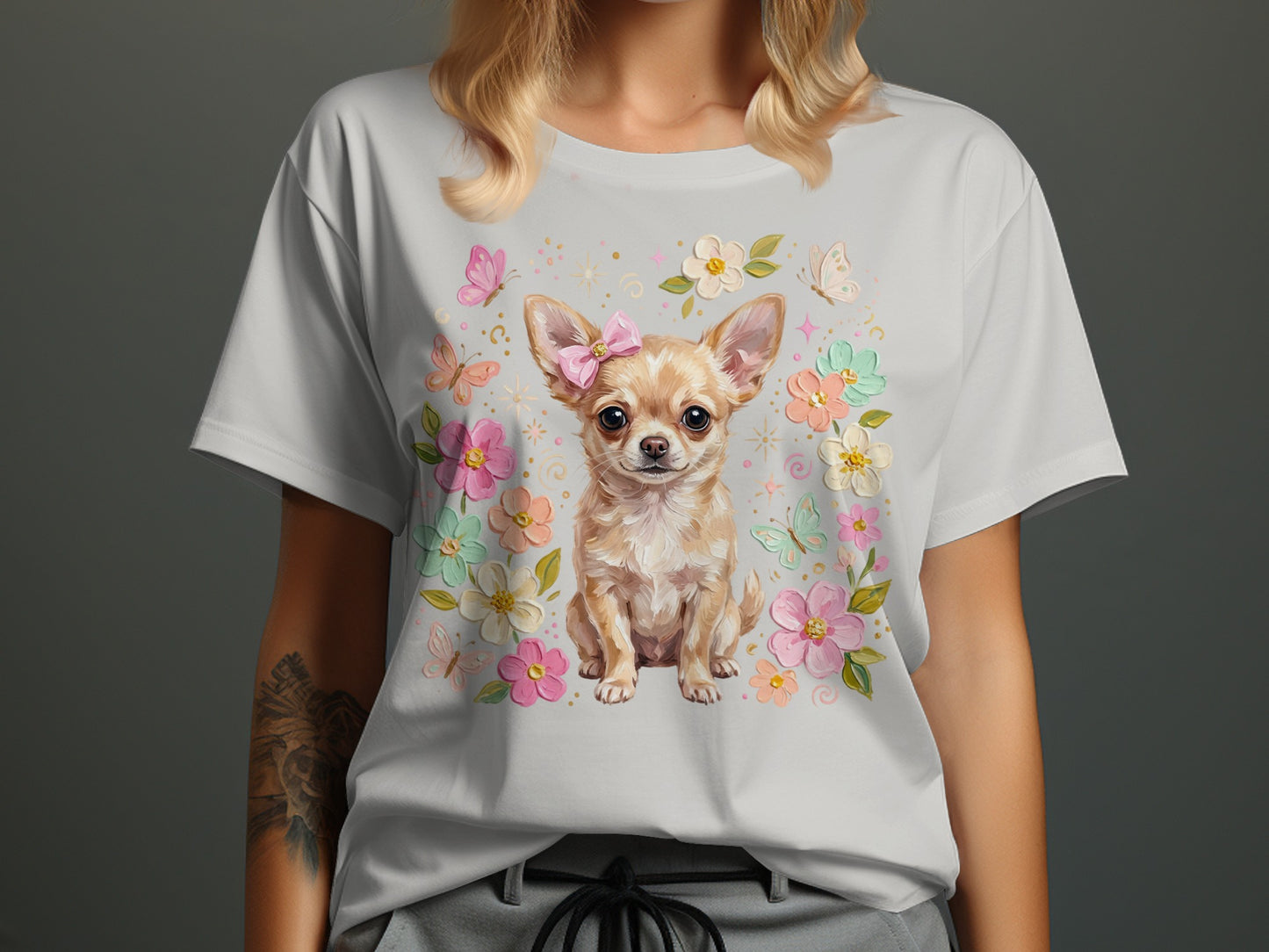 Chihuahua wearing a pink bow amidst pastel flowers and butterflies.