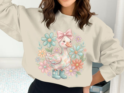 Duckling wearing boots and bow, surrounded by pastel flowers.