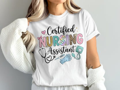 White t-shirt with "Certified Nursing Assistant" text and stethoscope graphics.