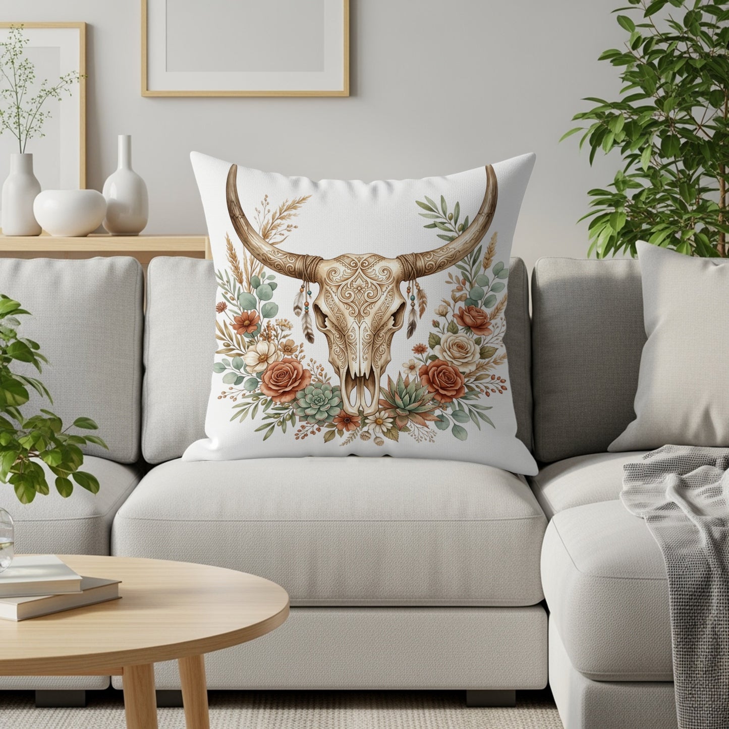 Bohemian cow skull with floral wreath on throw pillow.