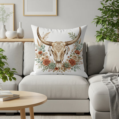 Bohemian cow skull with floral wreath on throw pillow.