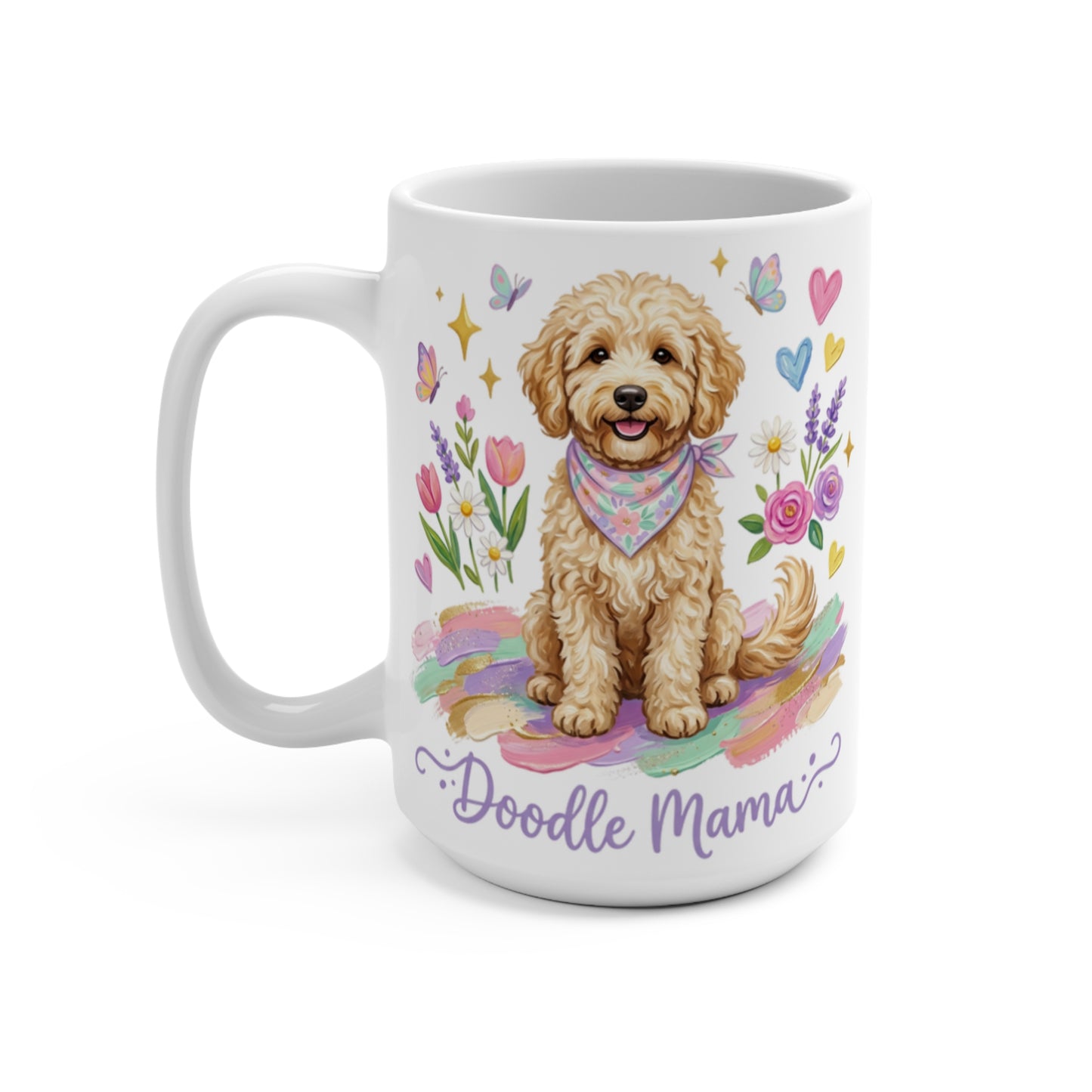 Goldendoodle dog wearing bandana with flowers, butterflies, and "Doodle Mama" text.