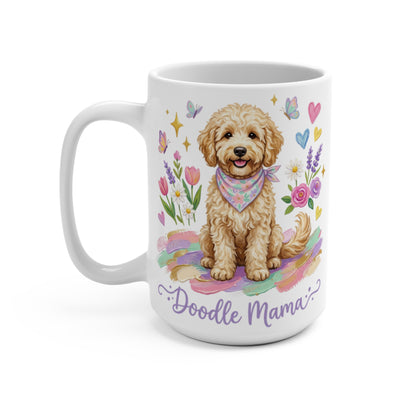 Goldendoodle dog wearing bandana with flowers, butterflies, and "Doodle Mama" text.