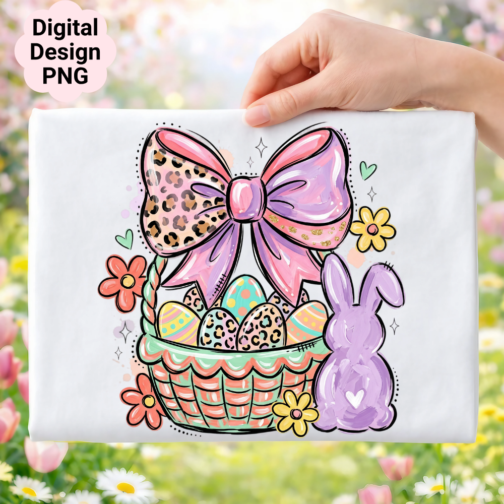 Easter basket with eggs, bunny, and flowers, with "Digital Design PNG" text.